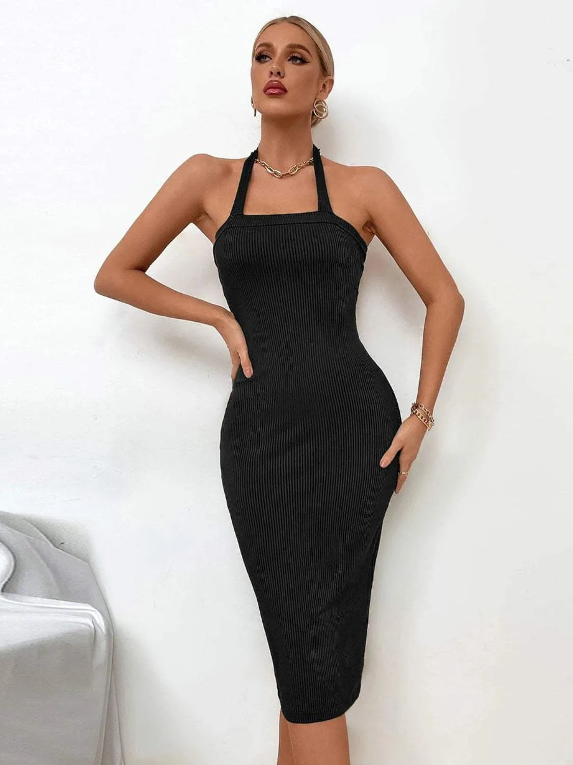 Ribbed Halter Neck Wrap Dress Black Cocktail Dresses - Tophatter Daily Deals